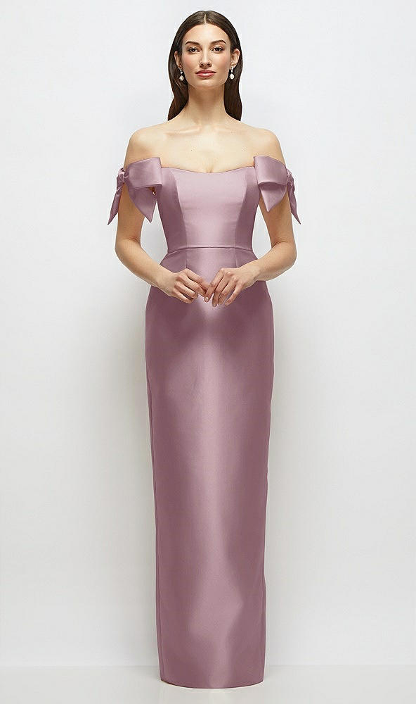 Front View - Dusty Rose Basque-Neck Satin Column Maxi Dress with Off-the-Shoulder Bows