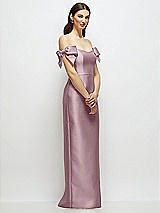 Side View Thumbnail - Dusty Rose Basque-Neck Satin Column Maxi Dress with Off-the-Shoulder Bows