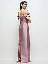 Rear View Thumbnail - Dusty Rose Basque-Neck Satin Column Maxi Dress with Off-the-Shoulder Bows
