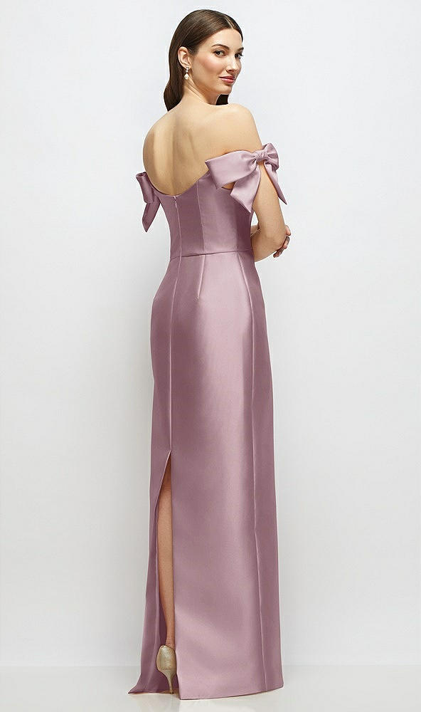 Back View - Dusty Rose Basque-Neck Satin Column Maxi Dress with Off-the-Shoulder Bows