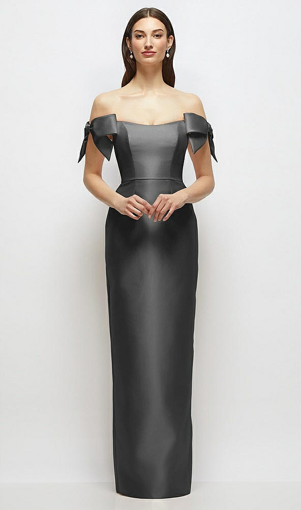 Front View - Gunmetal Basque-Neck Satin Column Maxi Dress with Off-the-Shoulder Bows