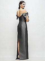 Rear View Thumbnail - Gunmetal Basque-Neck Satin Column Maxi Dress with Off-the-Shoulder Bows