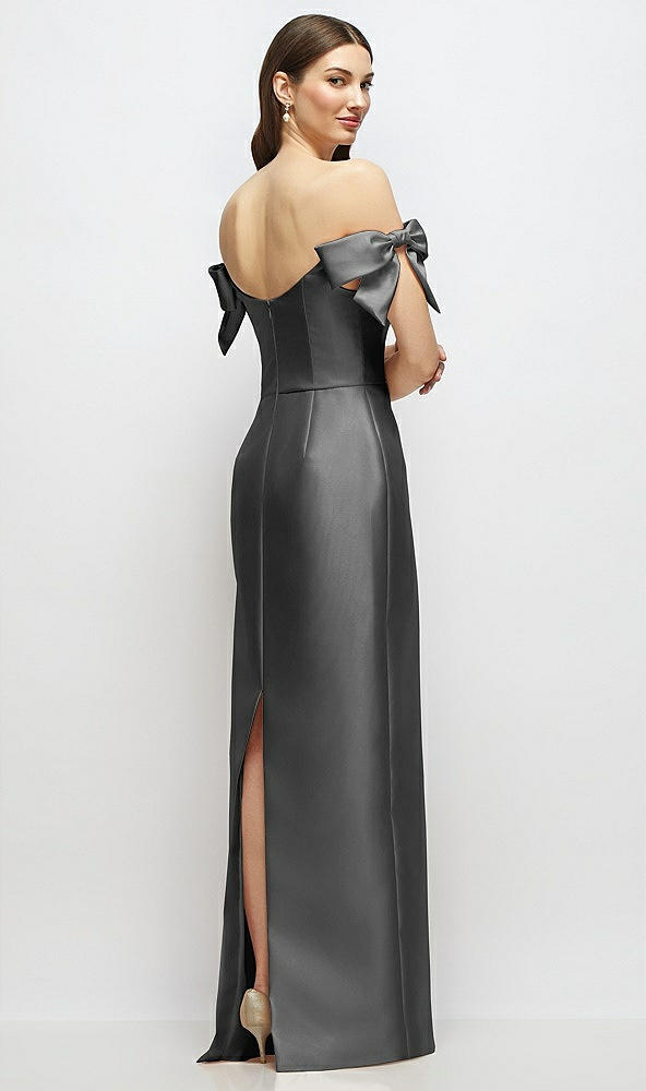 Back View - Gunmetal Basque-Neck Satin Column Maxi Dress with Off-the-Shoulder Bows