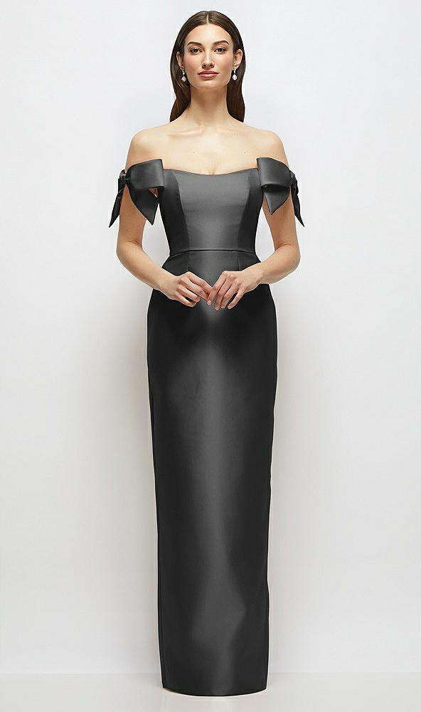 Front View - Pewter Basque-Neck Satin Column Maxi Dress with Off-the-Shoulder Bows