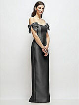 Side View Thumbnail - Pewter Basque-Neck Satin Column Maxi Dress with Off-the-Shoulder Bows