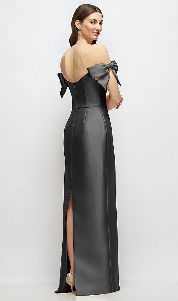 Back View - Pewter Basque-Neck Satin Column Maxi Dress with Off-the-Shoulder Bows