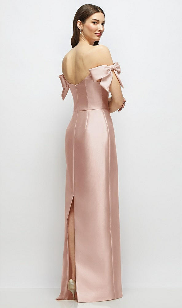 Back View - Toasted Sugar Basque-Neck Satin Column Maxi Dress with Off-the-Shoulder Bows