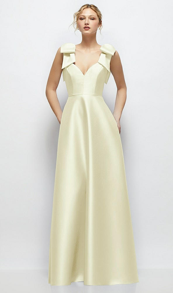 Front View - Butter Yellow Deep V-Neck Satin Ball Gown with Shoulder Bows