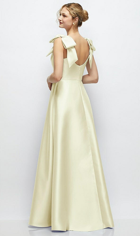 Back View - Butter Yellow Deep V-Neck Satin Ball Gown with Shoulder Bows
