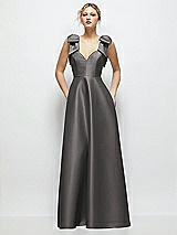 Front View Thumbnail - Caviar Gray Deep V-Neck Satin Ball Gown with Shoulder Bows