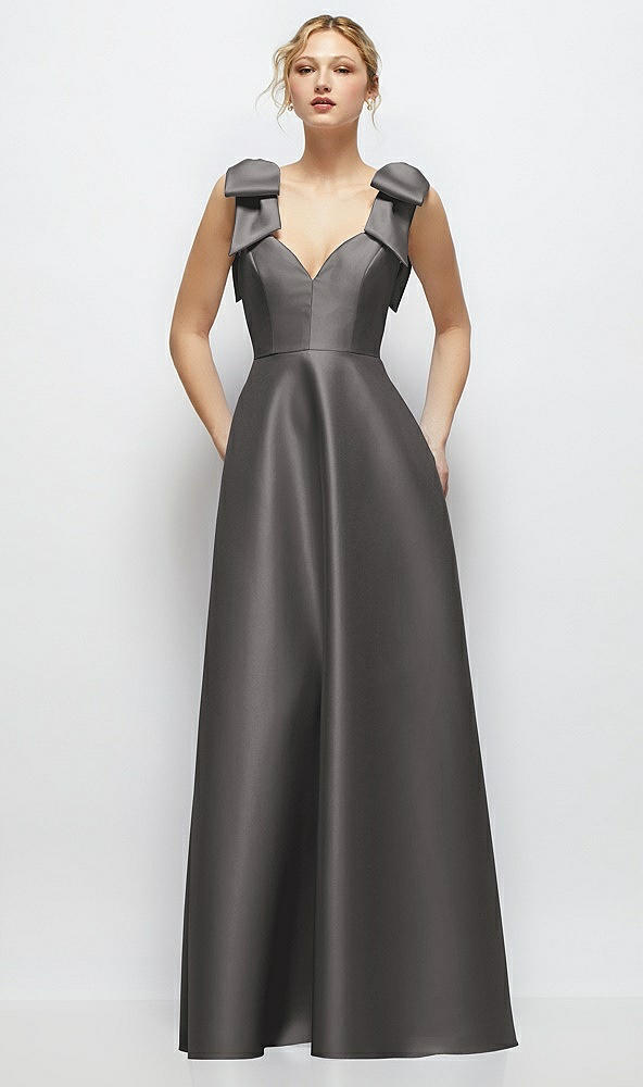 Front View - Caviar Gray Deep V-Neck Satin Ball Gown with Shoulder Bows