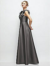 Side View Thumbnail - Caviar Gray Deep V-Neck Satin Ball Gown with Shoulder Bows