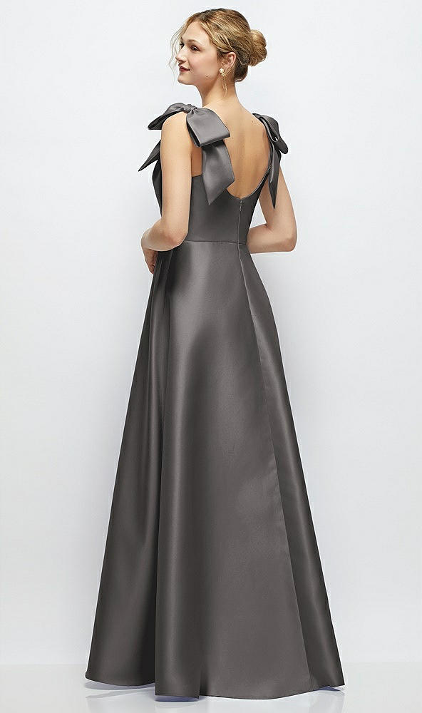 Back View - Caviar Gray Deep V-Neck Satin Ball Gown with Shoulder Bows