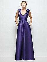 Front View Thumbnail - Grape Deep V-Neck Satin Ball Gown with Shoulder Bows