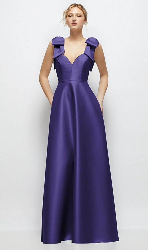 Front View - Grape Deep V-Neck Satin Ball Gown with Shoulder Bows