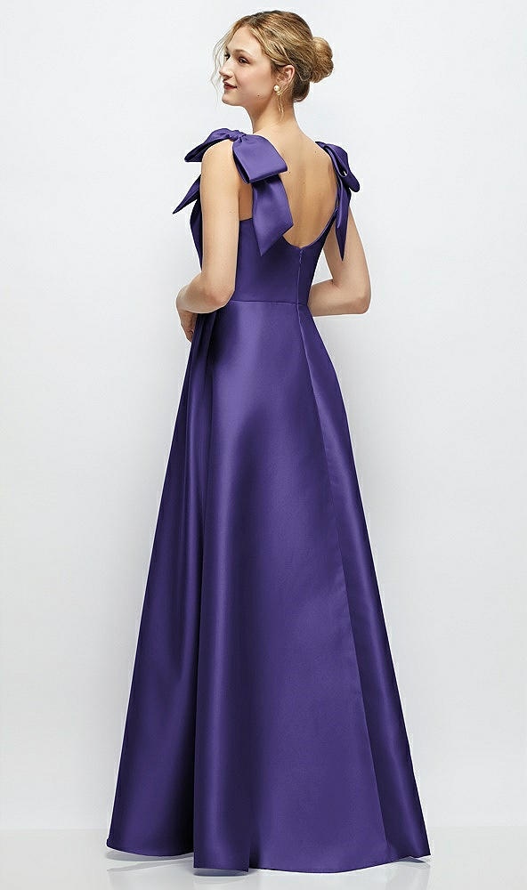Back View - Grape Deep V-Neck Satin Ball Gown with Shoulder Bows