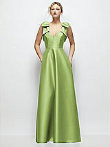 Front View Thumbnail - Mojito Deep V-Neck Satin Ball Gown with Shoulder Bows