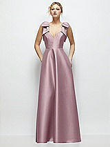 Front View Thumbnail - Dusty Rose Deep V-Neck Satin Ball Gown with Shoulder Bows