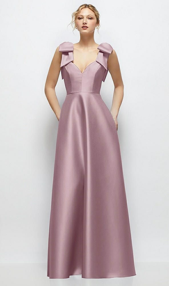 Front View - Dusty Rose Deep V-Neck Satin Ball Gown with Shoulder Bows