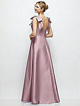 Rear View Thumbnail - Dusty Rose Deep V-Neck Satin Ball Gown with Shoulder Bows