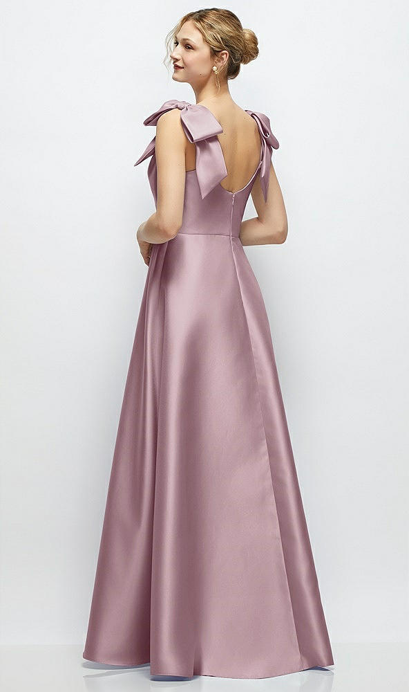 Back View - Dusty Rose Deep V-Neck Satin Ball Gown with Shoulder Bows