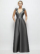 Front View Thumbnail - Gunmetal Deep V-Neck Satin Ball Gown with Shoulder Bows