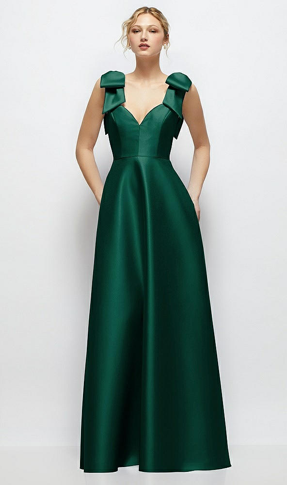 Front View - Hunter Green Deep V-Neck Satin Ball Gown with Shoulder Bows