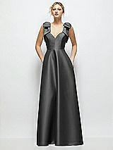 Front View Thumbnail - Pewter Deep V-Neck Satin Ball Gown with Shoulder Bows