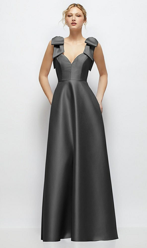 Front View - Pewter Deep V-Neck Satin Ball Gown with Shoulder Bows
