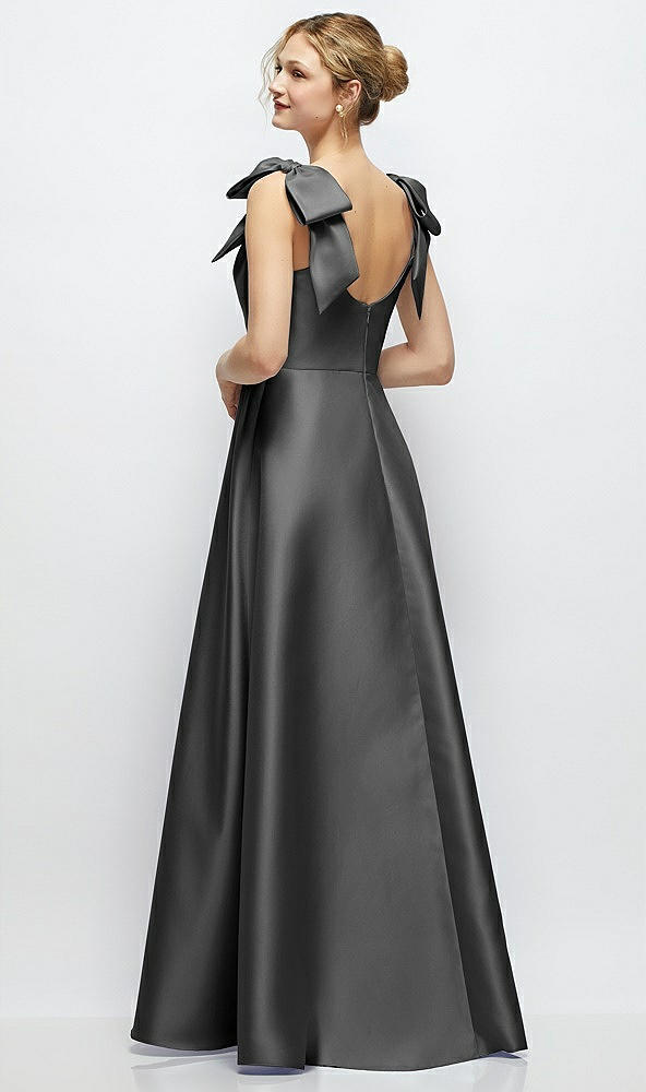Back View - Pewter Deep V-Neck Satin Ball Gown with Shoulder Bows