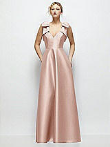 Front View Thumbnail - Toasted Sugar Deep V-Neck Satin Ball Gown with Shoulder Bows