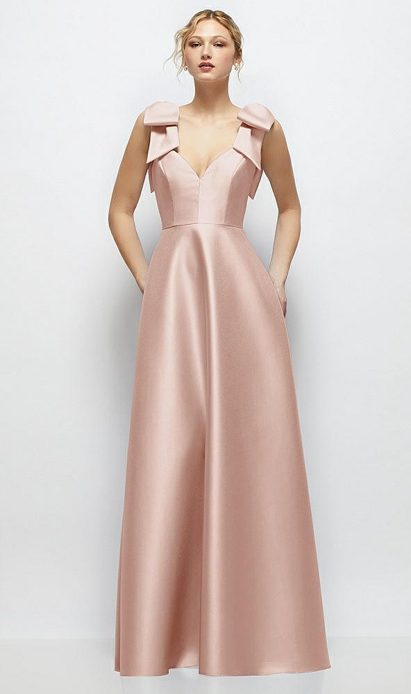 Front View - Toasted Sugar Deep V-Neck Satin Ball Gown with Shoulder Bows