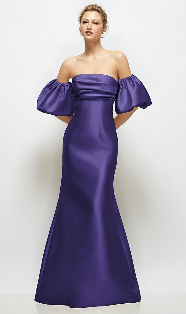 Front View - Grape Off-the-Shoulder Puff Sleeve Satin Maxi Dress with Flared Skirt
