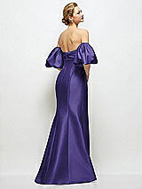 Rear View Thumbnail - Grape Off-the-Shoulder Puff Sleeve Satin Maxi Dress with Flared Skirt