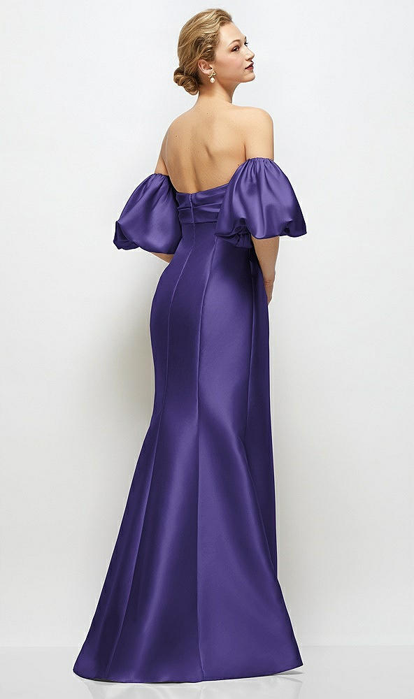 Back View - Grape Off-the-Shoulder Puff Sleeve Satin Maxi Dress with Flared Skirt