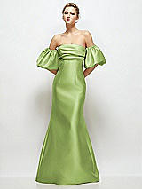 Front View Thumbnail - Mojito Off-the-Shoulder Puff Sleeve Satin Maxi Dress with Flared Skirt