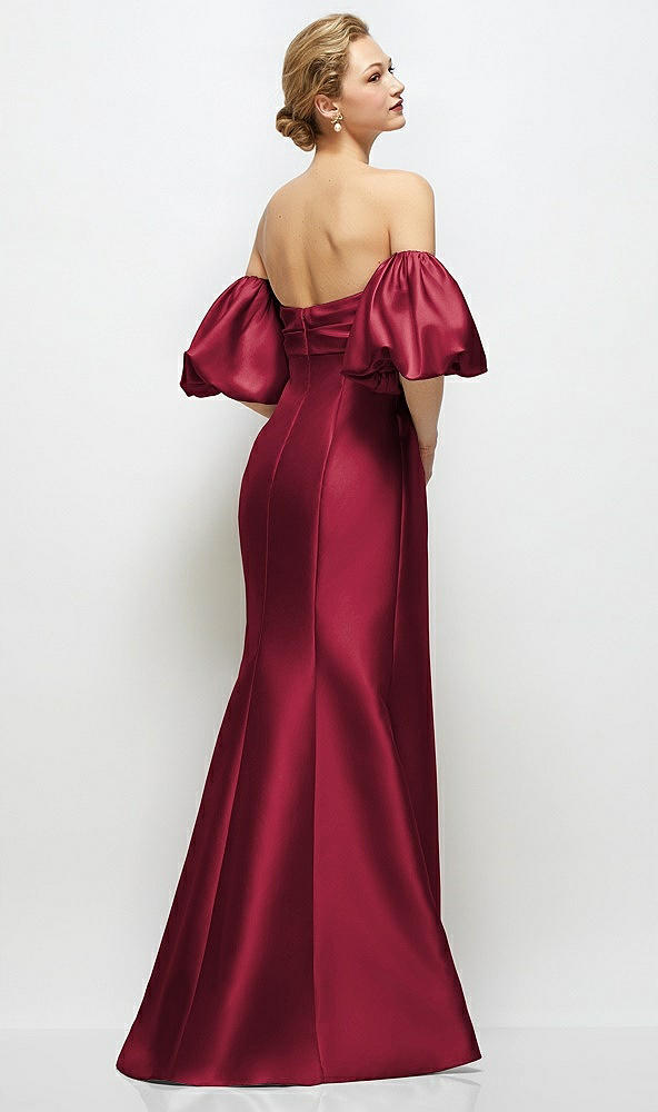 Back View - Burgundy Off-the-Shoulder Puff Sleeve Satin Maxi Dress with Flared Skirt