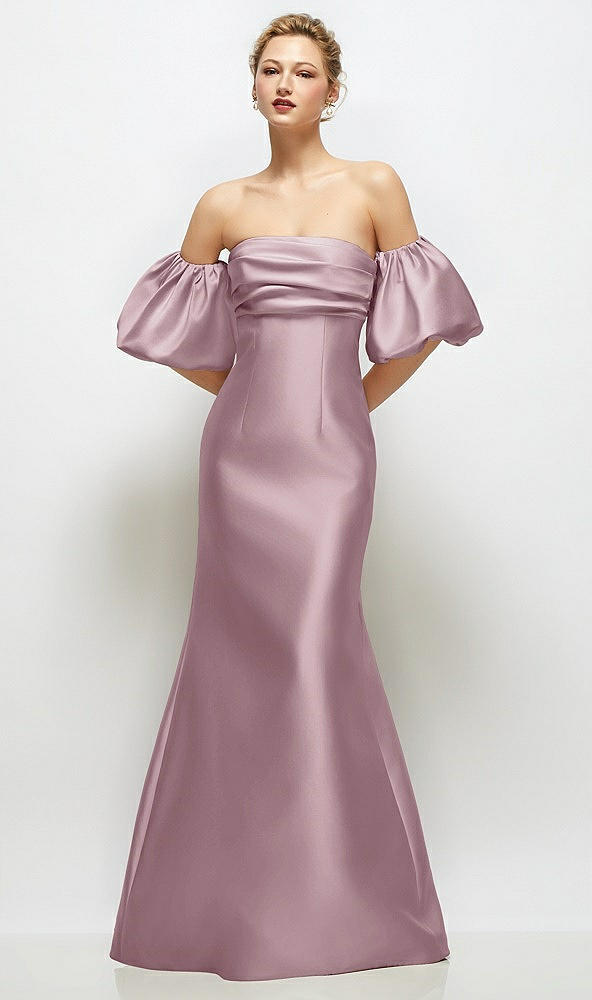 Front View - Dusty Rose Off-the-Shoulder Puff Sleeve Satin Maxi Dress with Flared Skirt