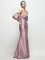 Side View Thumbnail - Dusty Rose Off-the-Shoulder Puff Sleeve Satin Maxi Dress with Flared Skirt