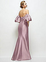 Rear View Thumbnail - Dusty Rose Off-the-Shoulder Puff Sleeve Satin Maxi Dress with Flared Skirt