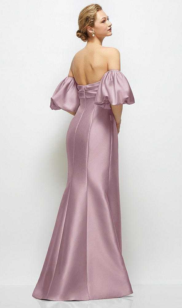 Back View - Dusty Rose Off-the-Shoulder Puff Sleeve Satin Maxi Dress with Flared Skirt