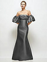 Front View Thumbnail - Gunmetal Off-the-Shoulder Puff Sleeve Satin Maxi Dress with Flared Skirt