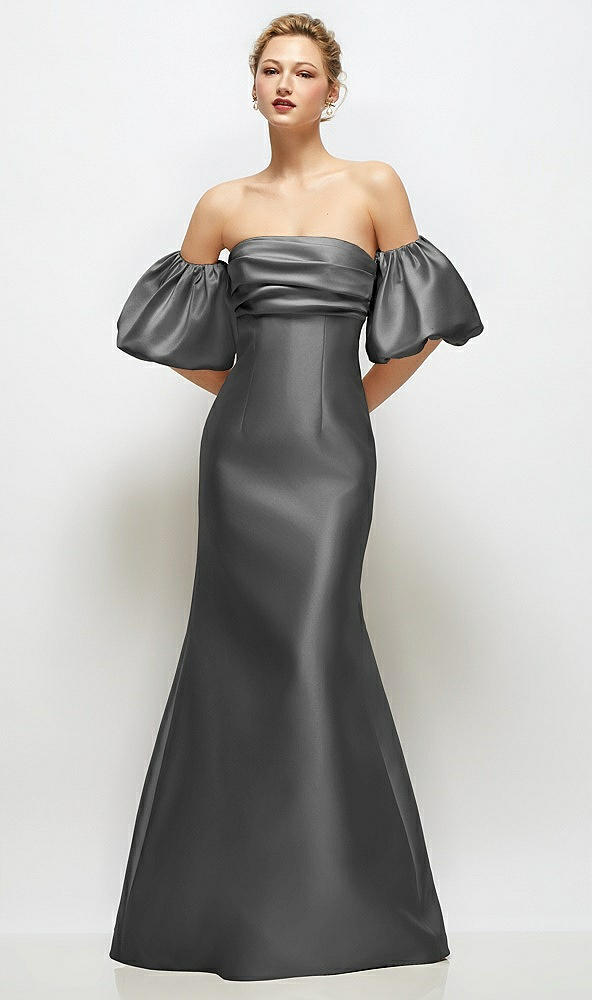 Front View - Gunmetal Off-the-Shoulder Puff Sleeve Satin Maxi Dress with Flared Skirt