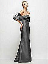 Side View Thumbnail - Gunmetal Off-the-Shoulder Puff Sleeve Satin Maxi Dress with Flared Skirt