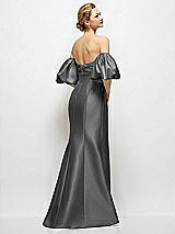 Rear View Thumbnail - Gunmetal Off-the-Shoulder Puff Sleeve Satin Maxi Dress with Flared Skirt