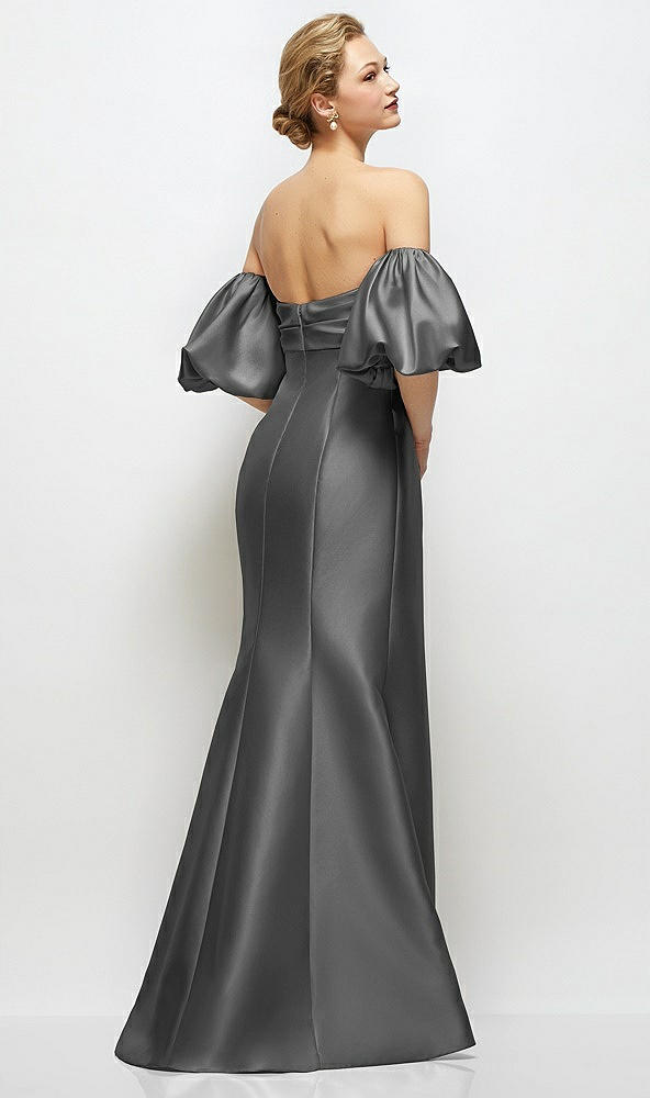 Back View - Gunmetal Off-the-Shoulder Puff Sleeve Satin Maxi Dress with Flared Skirt