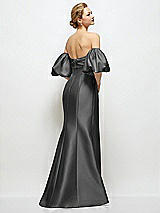 Rear View Thumbnail - Pewter Off-the-Shoulder Puff Sleeve Satin Maxi Dress with Flared Skirt