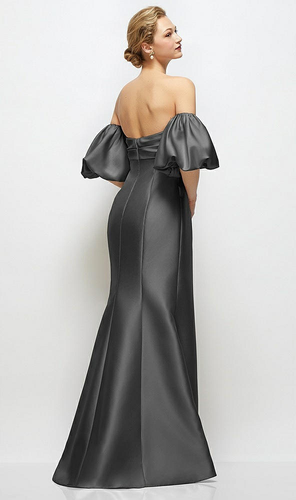 Back View - Pewter Off-the-Shoulder Puff Sleeve Satin Maxi Dress with Flared Skirt