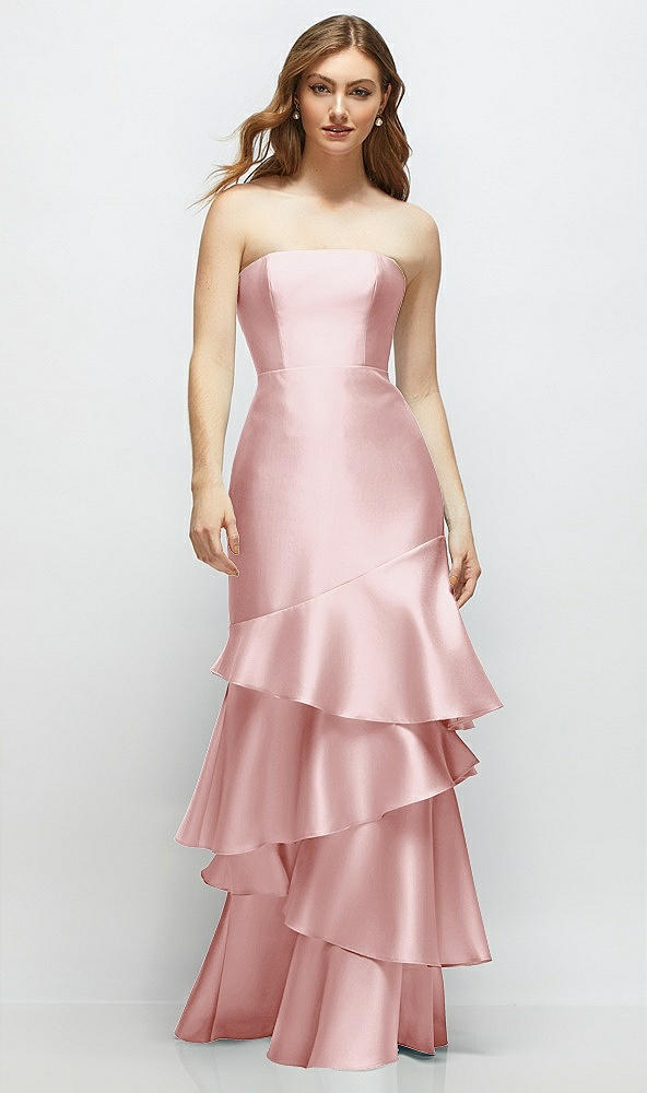 Front View - Ballet Pink Strapless Bodycon Maxi Dress with Tiered Ruffle Skirt