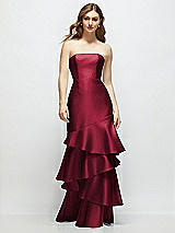 Front View Thumbnail - Burgundy Strapless Bodycon Maxi Dress with Tiered Ruffle Skirt